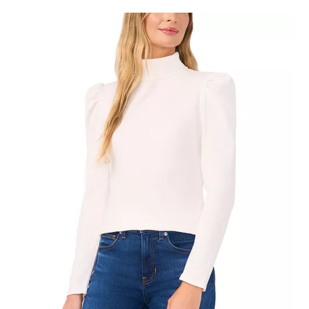 NWOT Vero Moda White Blouse with Puff-Shoulder Long-Sleeve & Mock Neck
